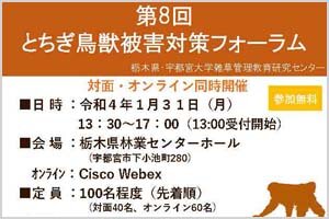 【対面・オンライン同時開催】第８回とちぎ鳥獣被害対策フォーラムを開催します（1/31）